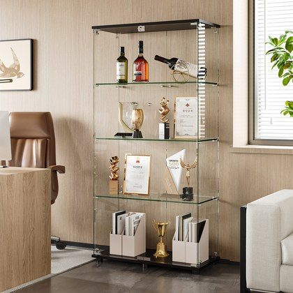 Glass Display Cabinet With 4-Shelf Double Doors And Lock, Curio Cabinet 5mm Tempered Glass Floor Standing Bookshelf For Living Room, Bedroom, Office…