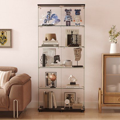 Glass Display Cabinet With 5-Shelf Double Doors And Lock, 5mm Tempered Glass Floor Standing Bookshelf For Living Room, Bedroom, Office, 72 X 32 X 14…