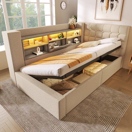 Daybed Upholstered Bed 90 X 190 Cm, 3FT Single Sofa Bed With Hydraulic Storage, USB &Type-C Charging Station, Single Bed For Living Room And Bedroom…