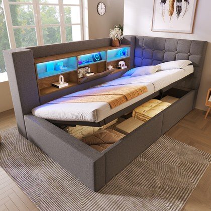 Daybed Upholstered Bed 90 X 190 Cm, 3FT Single Sofa Bed With Hydraulic Storage, USB &Type-C Charging Station, Single Bed For Living Room And Bedroom…