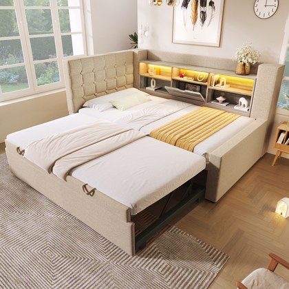 Daybed Upholstered Bed 90 X 190 Cm, 3FT Single Sofa Bed With Storage, USB &Type C Charging Station, Pull Out Trundle For Living Room And Bedroom, Li…