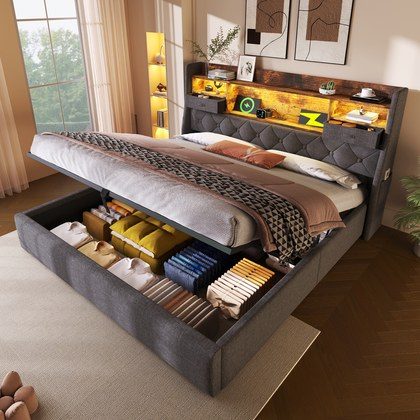 Upholstered Bed 4ft6 Hydraulic Bed With LED Lighting, USB Type-C Charging, Storage Headboard For Cellphones & Tablets, 135 X 190 Cm Double Bed With …