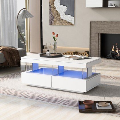 White High Gloss LED Coffee Table, Tea Table With 16 Colors LED Lights, Coffee Table With 2 Drawers And Open Storage Space, Rectangular Table For Of…