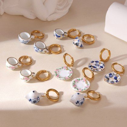 New Chinese Blue And White Porcelain Earrings, 18K Gold Plated Stainless Steel Ceramic Dainty Drop Earrings For Women