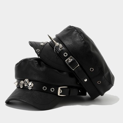 Single-color PU Leather Metal Skull Head Rivet Belt Buckle Decorative Trendy And Cool Flat-top Newsboy Cap Suitable For Daily Street Dance, Party An…
