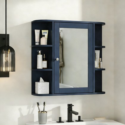 Bathroom Wall Storage Cabinet With Mirror, Medicine Cabinet With Adjustable Wood Shelf & Doors, Mounted Storage Cabinets With 6 Open Shelves, Blue