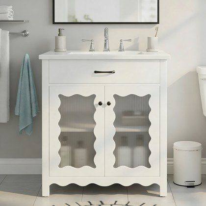 30 Inches Bathroom Vanity With Tempered Glass, Modern Bathroom Cabinet With Rubber Wood Legs And Soft Close Doors, White