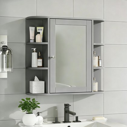 Bathroom Wall Storage Cabinet With Mirror, Medicine Cabinet With Adjustable Wood Shelf & Doors, Mounted Storage Cabinets With 6 Open Shelves, Gray