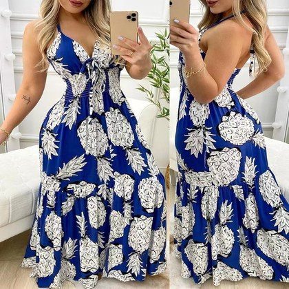 Bohemian Pineapple Print Spaghetti Strap Maxi Dress, Deep V Neck Tie Front Ruched Waist Flowy Long Dress For Beach Vacation Summer Dress For Women