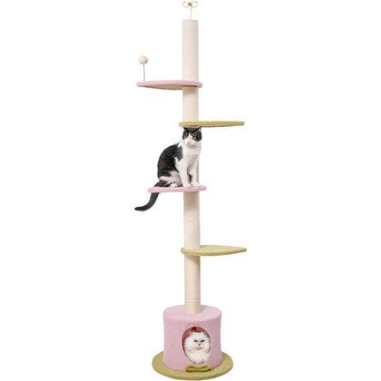 Max & Marlow Cat Tree  Floor-to-Ceiling Adjustable Height, Featuring Carpeted Scratching Posts And Cushioned Platforms For Indoor Cats Pink,Pickup O…