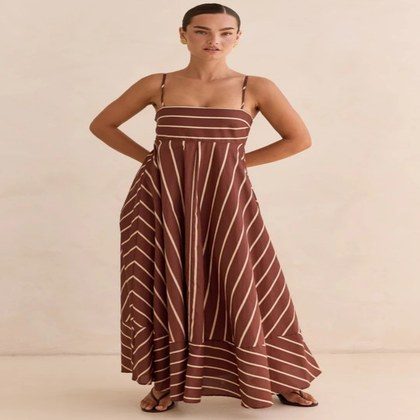 Square Neck Spaghetti Strap Diagonal Stripe High Waist Flowy Maxi Dress