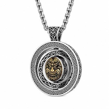 Vintage Rotatable Lion Spinner Necklace, Copper Silver Plated Traditional Oriental Amulet Pendant Gift For Men