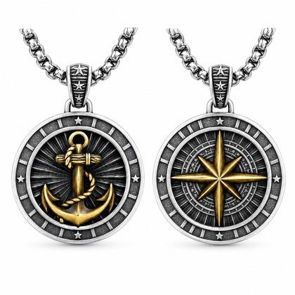 Two-Tone Silver Gold Plated Copper Double Sided Anchor Compass Pendant Necklace, Vintage Nautical  Star Mens Box Chain Necklace