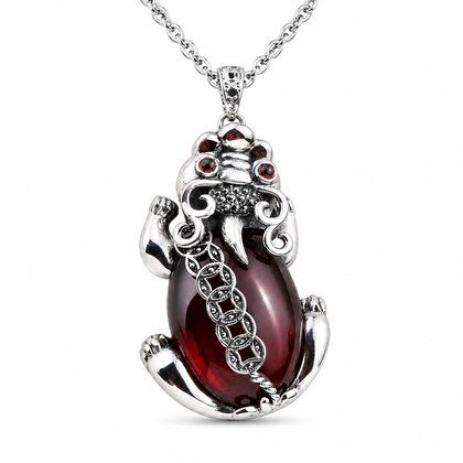 Silver Plated Copper Pixiu Pendant Necklace, Vintage Inlaid Oval Red Gem Chinese Wealth Symbol Animal Necklace For Women Men