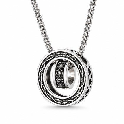 Vintage Gothic Thorn Skull Rotatable Double Circle Pendant Necklace For Men, Copper Plated Silver Interlocking Ring With Black Zircon, Punk Biker Je…