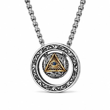 Vintage All-Seeing Eye Rotatable Round Ball Circle Pendant Necklace For Men, Copper Plated Silver Triangular Eye With Blue Zircon Scroll Engraving P…
