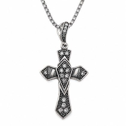 Antique Black Rhodium Plated Crystal Cross Pendant Necklace For Men, Copper Plated Silver Inlaid Clear CZ Vintage Religious Faith Jewelry Gift