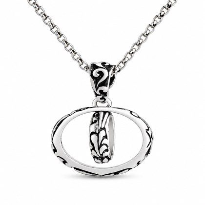Vintage Scroll Engraved Interlocking Oval Double Ring Pendant Necklace For Men, Copper Plated Silver Antique Black Two-Tone Punk Biker Jewelry Gift