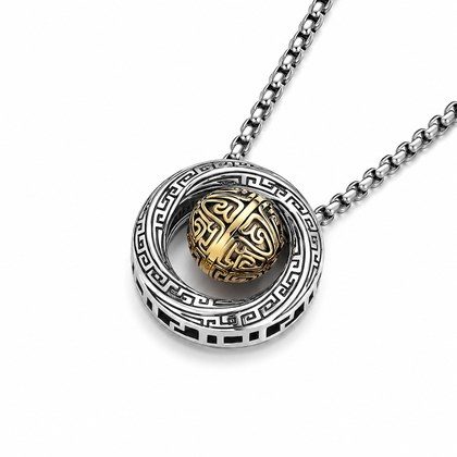 Two-Tone Chinese Retro Rotatable Round Bead Circle Pendant Necklace For Men, Copper Plated Silver Ancient Hui Pattern Vintage Ethnic Punk Jewelry Gi…
