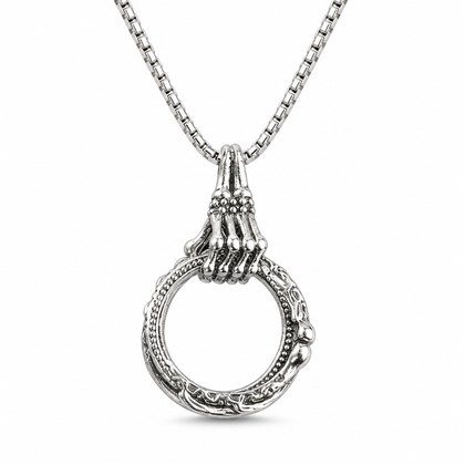 Antique Gothic Skeleton Hand Clutch Ring Pendant Necklace For Men, Copper Plated Silver Vintage Scroll Engraved Biker Punk Dark Style Jewelry Gift