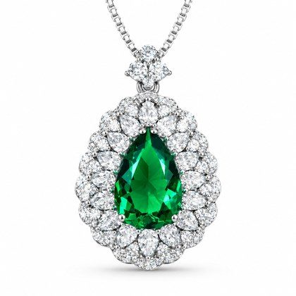 Pear Cut Simulated Emerald Double Halo Pendant Necklace For Women, Copper Plated Silver Pear Shape White Cubic Zirconia Vintage Floral Royal Bridal …