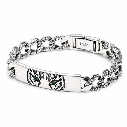 Vintage Engraved Tiger Head Curb Chain ID Bracelet For Men, Copper Plated Silver Inlaid Green CZ Eye Biker Punk Casual Wrist Jewelry Gift