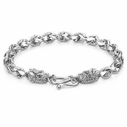 Double Dragon Head Braided Curb Link Bracelet For Men, Copper Plated Silver Vintage Chinese Lucky Dragon Toggle Clasp Biker Punk Wrist Jewelry Gift