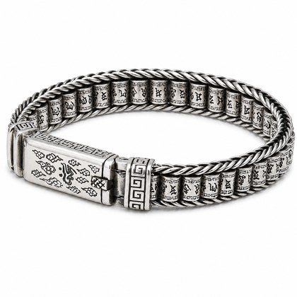 Antique Tibetan Mantra Braided Chain ID Bracelet For Men, Copper Plated Silver Vintage Oxidized Buddhist Scripture Biker Lucky Wrist Jewelry Gift