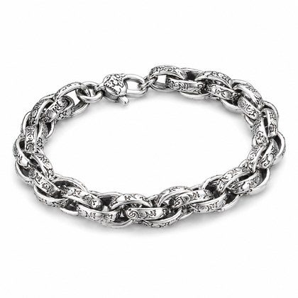 Antique Scroll Engraved Thick Curb Chain Bracelet For Men, Copper Plated Silver Oxidized Vintage Biker Punk Heavy Link Wrist Jewelry Gift