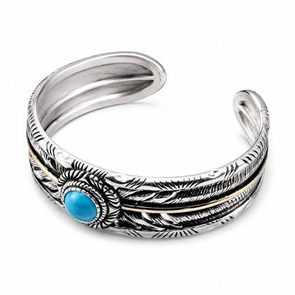 Vintage Native Feather Turquoise Open Cuff Bangle For Men Women, Copper Plated Silver Two-Tone Oxidized Western Tribal Adjustable Wrist Jewelry Gift