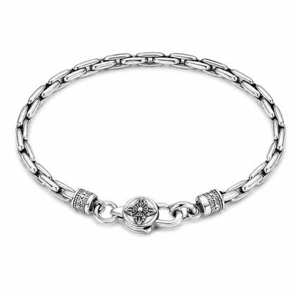 Antique Four-Petal Flower Oval Link Bracelet For Men, Copper Plated Silver Oxidized Vintage Biker Toggle Clasp Thick Chain Wrist Jewelry Gift