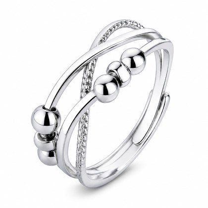 Multi-Band Bead Fidget Spinner Open Adjustable Ring For Women, Copper Plated Silver Twist Layer Stress Relief Minimalist Stackable Daily Jewelry Gif…