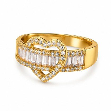 Open Heart Baguette Paved CZ Adjustable Ring For Women, Copper Gold Plated Double Row Crystal Love Statement Wedding Party Jewelry Gift