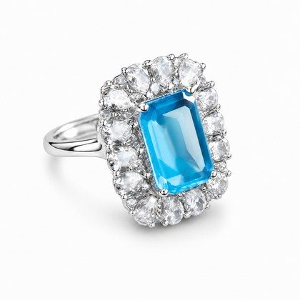 Emerald Cut Blue Topaz CZ Pear Double Halo Open Adjustable Ring For Women, Copper Plated Silver Cocktail Wedding Statement Gemstone Jewelry Gift