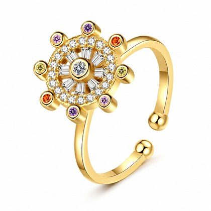 Rotatable Ferris Wheel Multicolor CZ Open Adjustable Ring For Women, Copper Gold Plated Spinning Rainbow Crystal Anxiety Relief Statement Party Jewe…