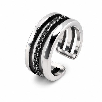 Three Band Black CZ Inlay Open Adjustable Wide Band Ring For Men Women, Copper Plated Silver Split Shank Vintage Punk Stackable Statement Jewelry Gi…