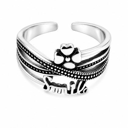 Vintage Four-Leaf Clover Smile Letter Open Adjustable Ring For Women, Copper Plated Oxidized Silver Multi-Band Lucky Stackable Daily Jewelry Gift