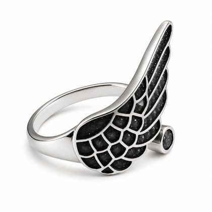 Angel Wing Black Sandstone Inlay Open Adjustable Ring For Men Women, Copper Plated Silver Vintage Gothic Biker Statement Daily Jewelry Gift