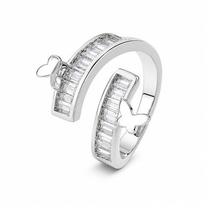 Dual Butterfly Baguette CZ Wrap Open Adjustable Ring For Women, Copper Plated Silver Twisted Split Band Dainty Wedding Party Stackable Jewelry Gift