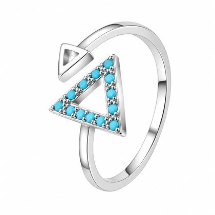Dual Triangle Turquoise CZ Bypass Open Adjustable Ring For Women, Copper Plated Silver Geometric Minimalist Stackable Daily Jewelry Gift