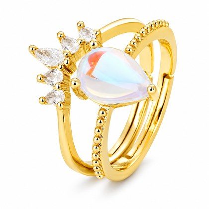 Crown Teardrop Opalescent CZ Three-Band Open Adjustable Ring For Women, Gold Plated Copper Beaded Baguette Crystal Princess Wedding Stackable Jewelr…