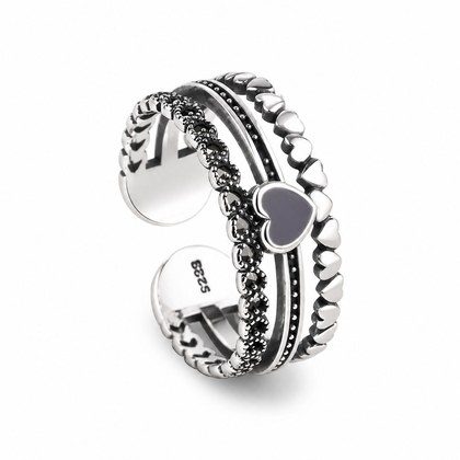 Three Row Multi-Textured Heart Open Adjustable Ring For Women, Oxidized Silver Plated Copper Black Enamel Retro Stackable Love Daily Jewelry Gift