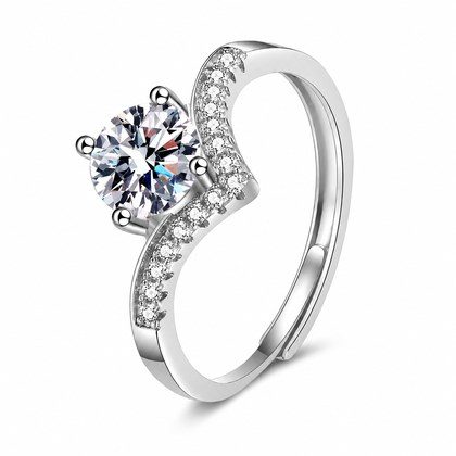 Round Brilliant CZ Twist Split Shank Open Adjustable Promise Ring For Women, Copper Silver Plated Paved Accent Crystal Wedding Engagement Jewelry Gi…