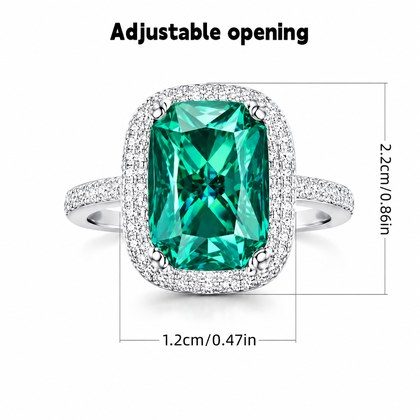 Rectangular Emerald Green CZ Double Halo Open Adjustable Statement Ring For Women, Copper Silver Plated Full Pave White Crystal Vintage Wedding Banq…