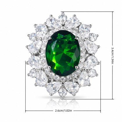 Oval Large Green Emerald CZ Multi-Petal Floral Halo Open Adjustable Statement Ring For Women, Copper Silver Plated Pear White Crystal Luxury Banquet…