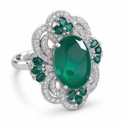 Oval Cabochon Green Gem Mixed Emerald & White Crystal Filigree Open Adjustable Cocktail Ring For Women, Copper Silver Plated Antique Hollow Floral W…
