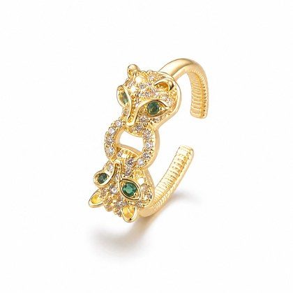 Luxury Hollow Fox Shape Paved White CZ Emerald Green Eyes Open Adjustable Ring For Women, Copper Gold Plated Animal Statement Party Stackable Jewelr…