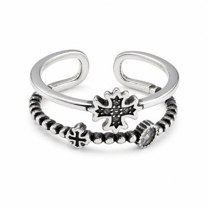 Antique Oxidized Silver Double Band Cross Beaded Open Adjustable Ring For Women Men, Copper Plated Clear CZ Gothic Punk Stackable Biker Jewelry Gift