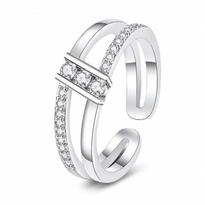 Double Split Band Bar Inlaid Clear CZ Open Adjustable Ring For Women, Copper Silver Plated Minimalist Stackable Daily Wedding Band Jewelry Gift