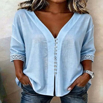 New Solid-color Womens V-neck Cardigan With Buttoned Lace Trim, Loose-fitting Blouse Top
